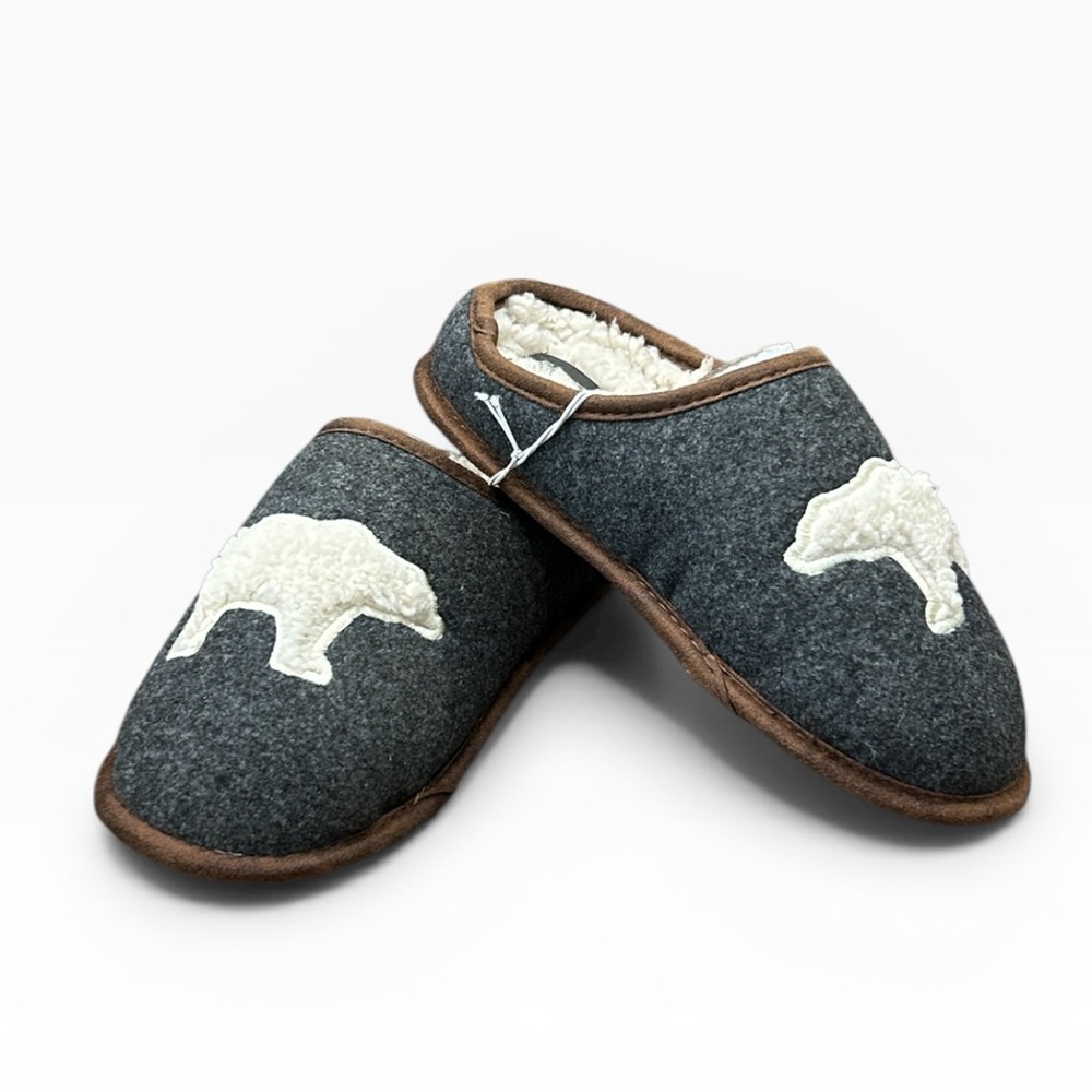 Eddie Bauer Women's Sherpa Lined Clog Slippers Dark Heather Grey Bear Motif - Picture 4 of 14
